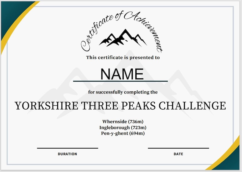 Yorkshire Three Peaks Challenge Certificate Digital Download Instant