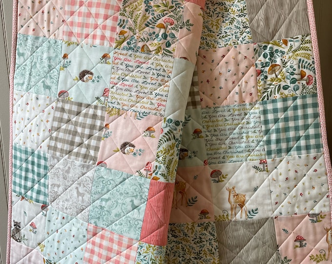 Pink Woodland Baby Quilt, Handmade Baby Quilt, Toddler Quilt, Patchwork Baby Quilt, Baby Girl