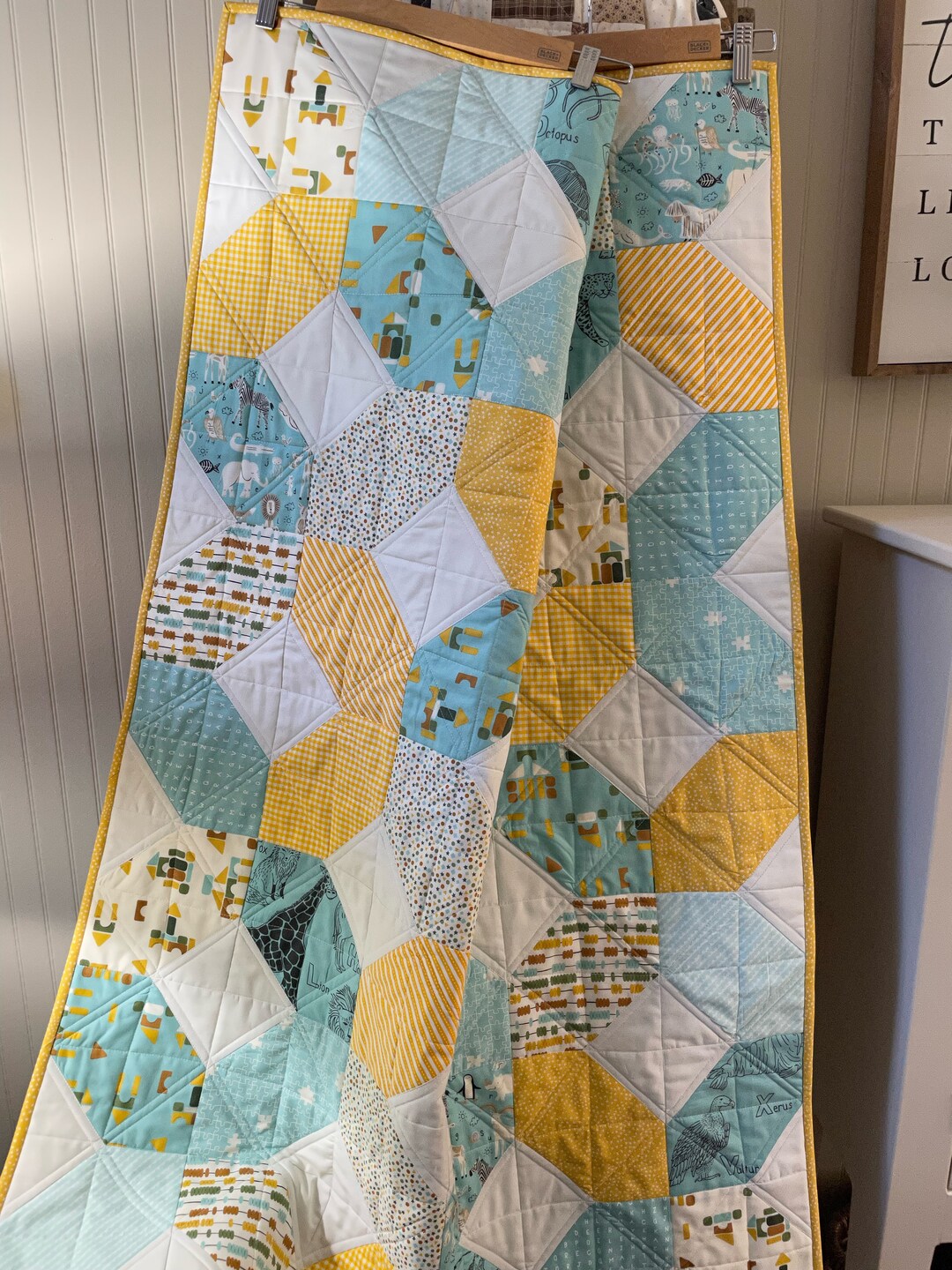 Handmade Gender Neutral Baby Quilt, Animal Baby Quilt, Yellow Baby