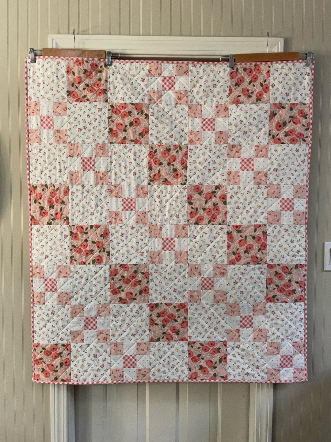 Pink Patchwork Baby Quilt, Handmade Baby Quilt, Keepsake Baby Qult
