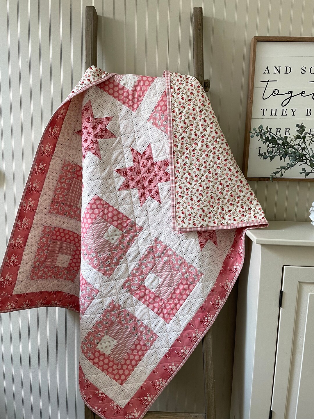 Baby Pink Patchwork and Star Quilt/baby Pink Quilt/baby Star Quilt