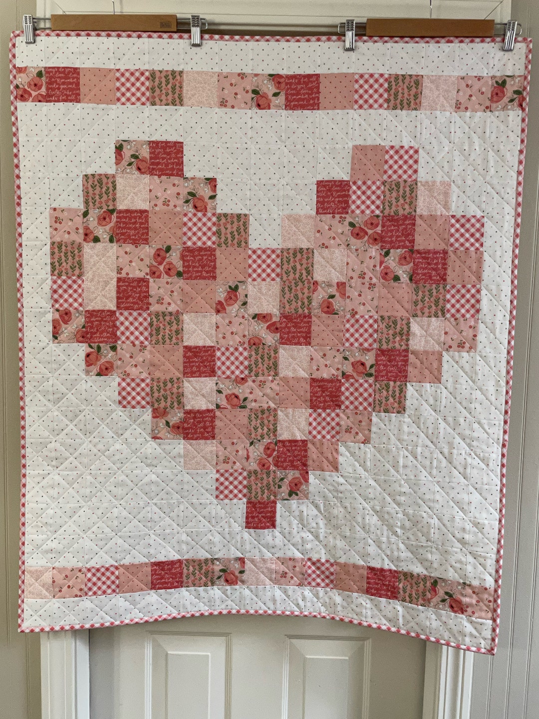 Pink Heart Baby Quilt, Handmade Baby Quilt, Baby Girl Quilt, Keepsake Baby Quilt, Modern Baby