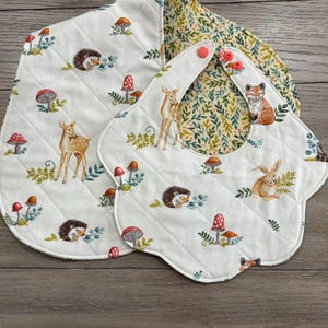 baby girl bib, burp cloth, woodland animal bib, handmade baby bib and burp cloth, baby shower gift, baby gift, quilted baby bib