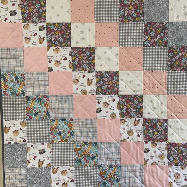 boho baby quilt, baby girl quilt, handmade baby quilt, keepsake baby quilt, toddler quilt, pink and gray quilt, baby shower gift