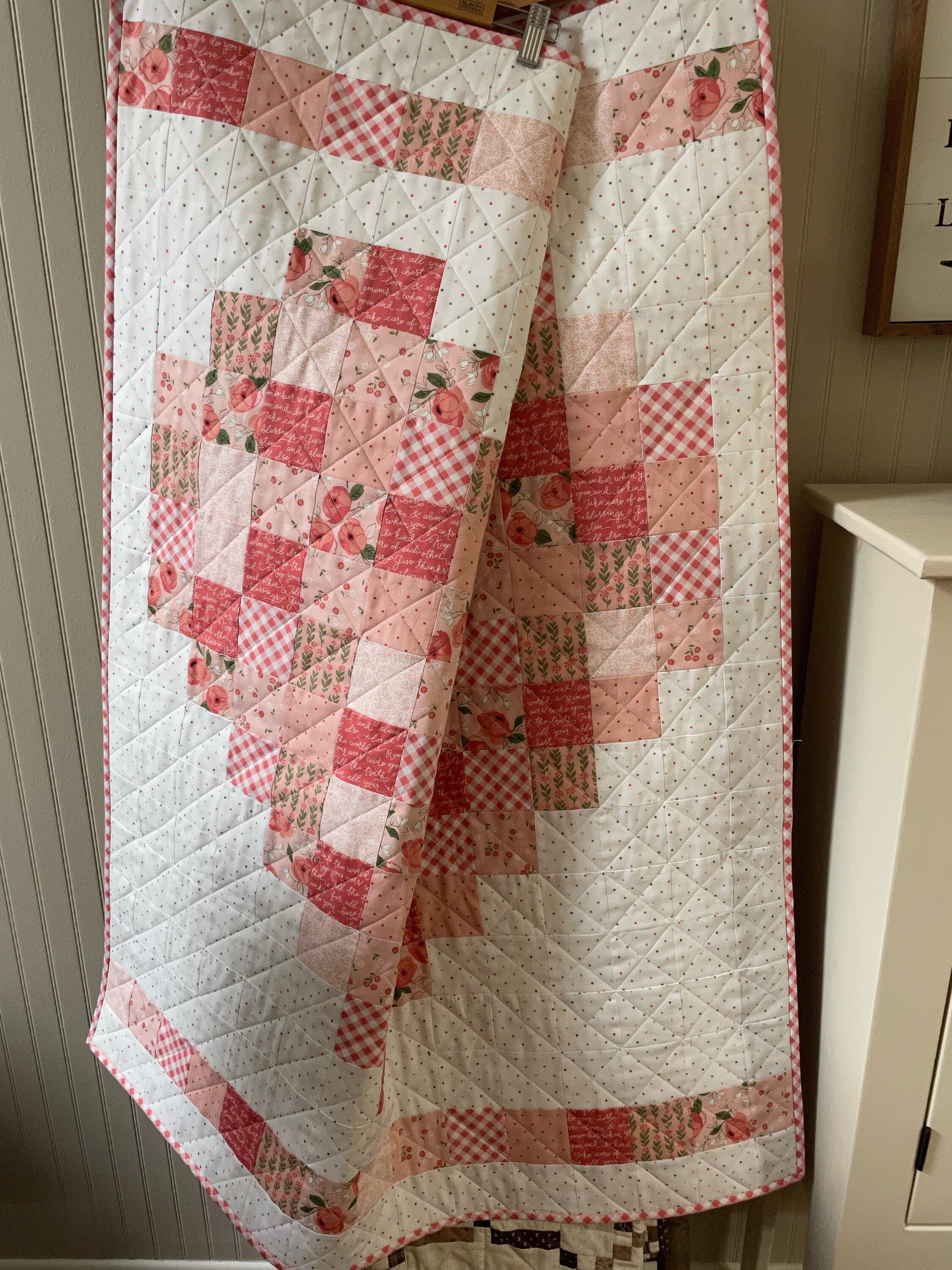 Pink Heart Baby Quilt, Handmade Baby Quilt, Baby Girl Quilt, Keepsake Baby Quilt, Modern Baby