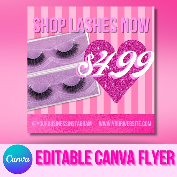 Editable Shop Now Flyer | DIY Shop Now Template Boutiques Hair Lash Tech Nails MakeUp Cosmetics Lashes Stylist Canva