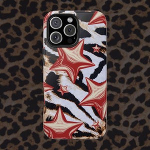 Trendy Aesthetic Phone Case,Y2K Phone Case, Leopard Cheetah Star Phone Case  iPhone 10 11 12 13 14 15 16 iPhone 16 Pro Max, Galaxy Phone
