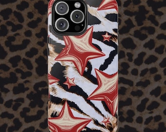 Trendy Aesthetic Phone Case,Y2K Phone Case, Leopard Cheetah Star Phone Case  iPhone 10 11 12 13 14 15 16 iPhone 16 Pro Max, Galaxy Phone