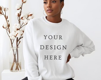Gildan 18000 White Sweatshirt, G180 Crewneck Mock-up White, Aesthetic Sweatshirt Mockup With Female Black Model