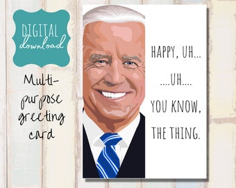 May include: A digital greeting card featuring a cartoon illustration of a man with a blue tie and the text "HAPPY, UH... ...UH... YOU KNOW, THE THING."