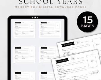 Pode incluir: Um conjunto de 15 páginas imprimíveis em preto e branco para uma caixa de memórias do ano letivo. Cada página tem espaço para uma foto, o nome da escola, o nome do professor e espaço para escrever sobre o ano. As páginas são para as turmas do Pré-K ao 12º ano.