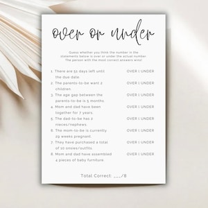 Over or Under | Modern/Simple/Minimalistic Baby Shower Game | Answer Key Included