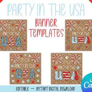 May include: Four square banner templates featuring a brown background with a repeating pattern of small stars. Each square displays red and white fireworks and the text "IT'S A PARTY IN THE USA" with "USA" in red, white, and blue patterns.