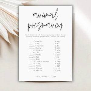 Animal Pregnancy | Modern/Simple/Minimalistic Baby Shower Game | Answer Key Included