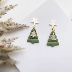 Green Christmas Tree Earrings, Winter Jewelry, Gifts for Her, Holiday Clay Jewelry, Handmade Earrings, Star Earrings, Polymer Clay Earrings