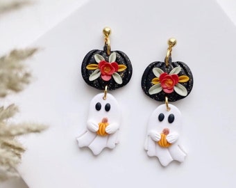 Floral Ghost Pumpkin Earrings: Halloween Polymer Clay Dangles