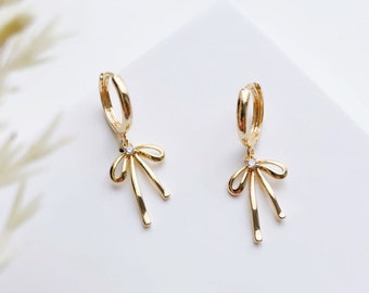 18k Gold Plated Earrings, Everyday Jewelry, Minimalist Earrings, CZ Bow Earrings, Bow Drop Earrings