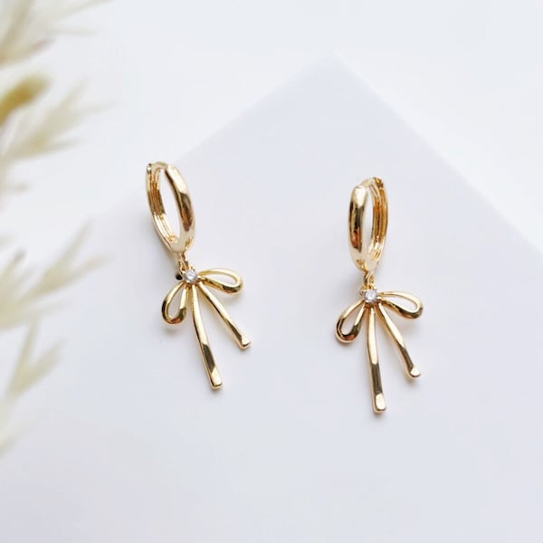 18k Gold Plated Earrings, Everyday Jewelry, Minimalist Earrings, CZ Bow Earrings, Bow Drop Earrings