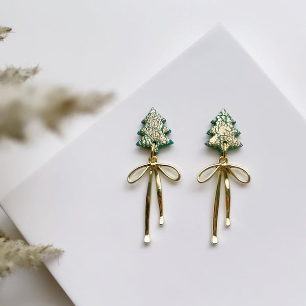 Holiday Earrings, Clay Christmas Tree Earrings, Winter Jewelry, Gifts for Her, Holiday Clay Jewelry, Bow Dangle Earrings, Clay Bow Earrings