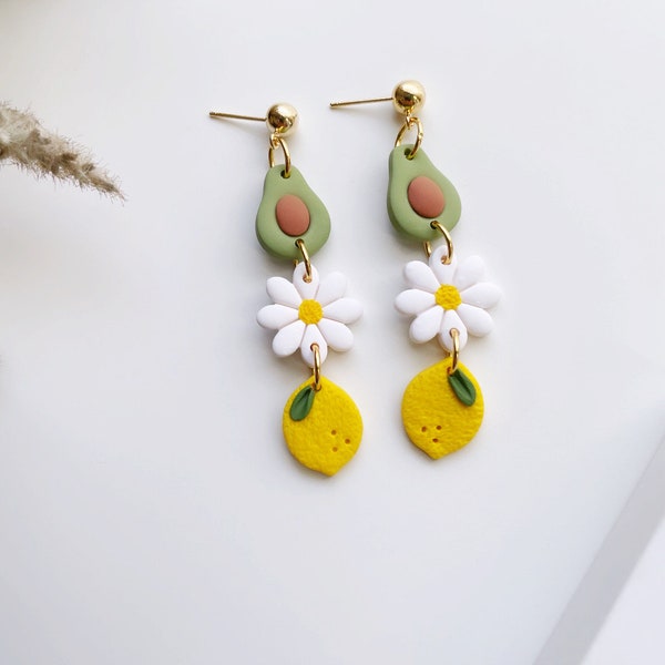 Handmade Fruit Earrings, Polymer Clay Earrings, Spring Summer Earrings, Spring Dangles, Lemon Earrings, Avocado Daisy Earring