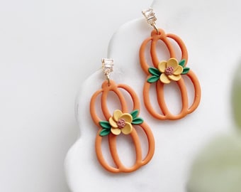 Floral Pumpkin Earrings: Handmade Polymer Clay Dangles