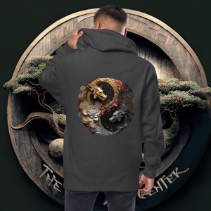 Yin and Yang Dragon Unisex Fleece Zip Up Hoodie | &quot;Dancing Dragons&quot; Original Zen Art Hoodie by Sebastian Rizzon
