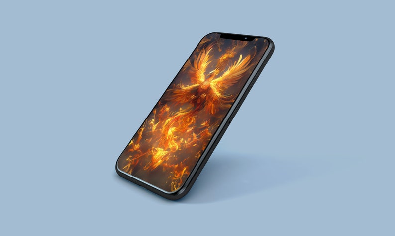 May include: A black smartphone with a screen displaying a digital illustration of a phoenix rising from flames. The phoenix is depicted in shades of orange and yellow, with its wings spread wide.