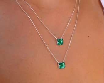 Square Double Gemstone Pendant Necklace Sterling Silver Box Chain