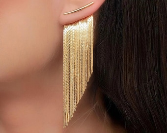 Fringe Tassel Earrings - Gold - Long