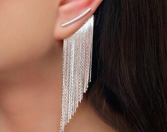 Fringe Tassel Earrings - Silver - Long