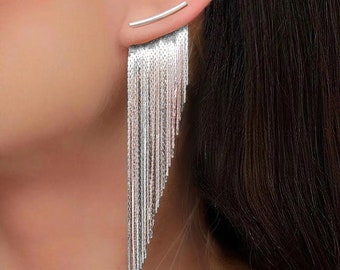 Fringe Tassel Earrings - Silver - Extra Long