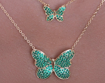 18K Gold Filled Emerald Cubic Zirconia Butterfly Necklace