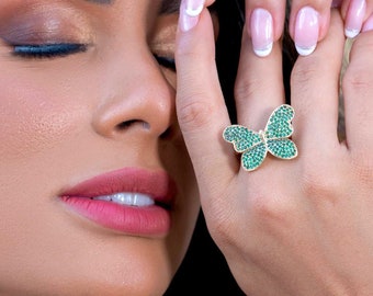 18K Gold Filled Emerald Cubic Zirconia Butterfly Ring