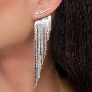 Fringe Tassel Earrings - Silver - Extra Long