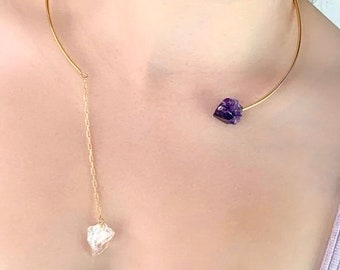 Amethyst and Crystal Quartz 18k Gold Filled Arc Choker, Raw Crystal Necklace, Amethyst Necklace, Crystal Quartz Necklace, Healing Crystals