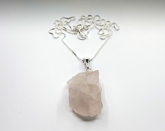 Raw Rose Quartz 925 Sterling Silver Venetian Chain Necklace, Raw Crystal Necklace, Healing Crystals, Gift For Her