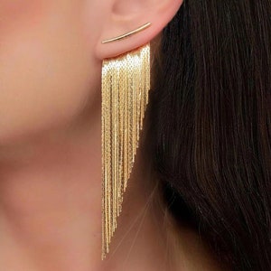 Fringe Tassel Earrings - Gold - Extra Long