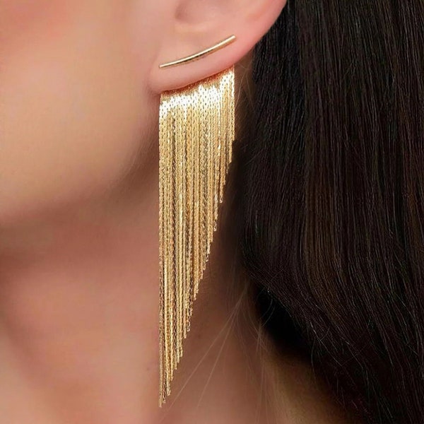 Fringe Tassel Earrings - Gold - Extra Long