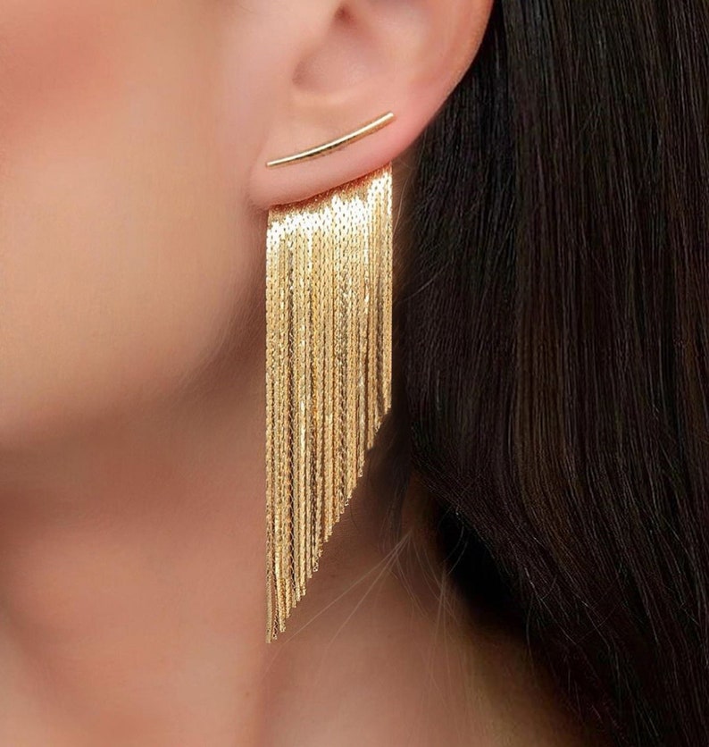 Fringe Tassel Earrings Gold Long image 1