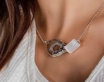 Raw Natural Agate Geode and Selenite Necklace, Sterling Silver Filled Chain, Raw Crystal Necklace, Healing Crystals, Gift For Her