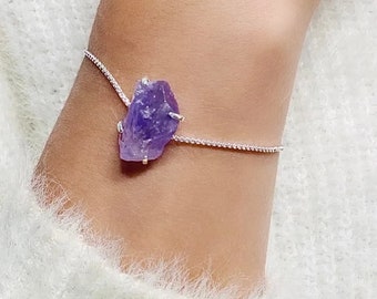 Raw Amethyst Sterling Silver Filled Bracelet, Natural Crystal Bracelet, Natural Gemstone, Protection Healing Crystal, Gift For Her