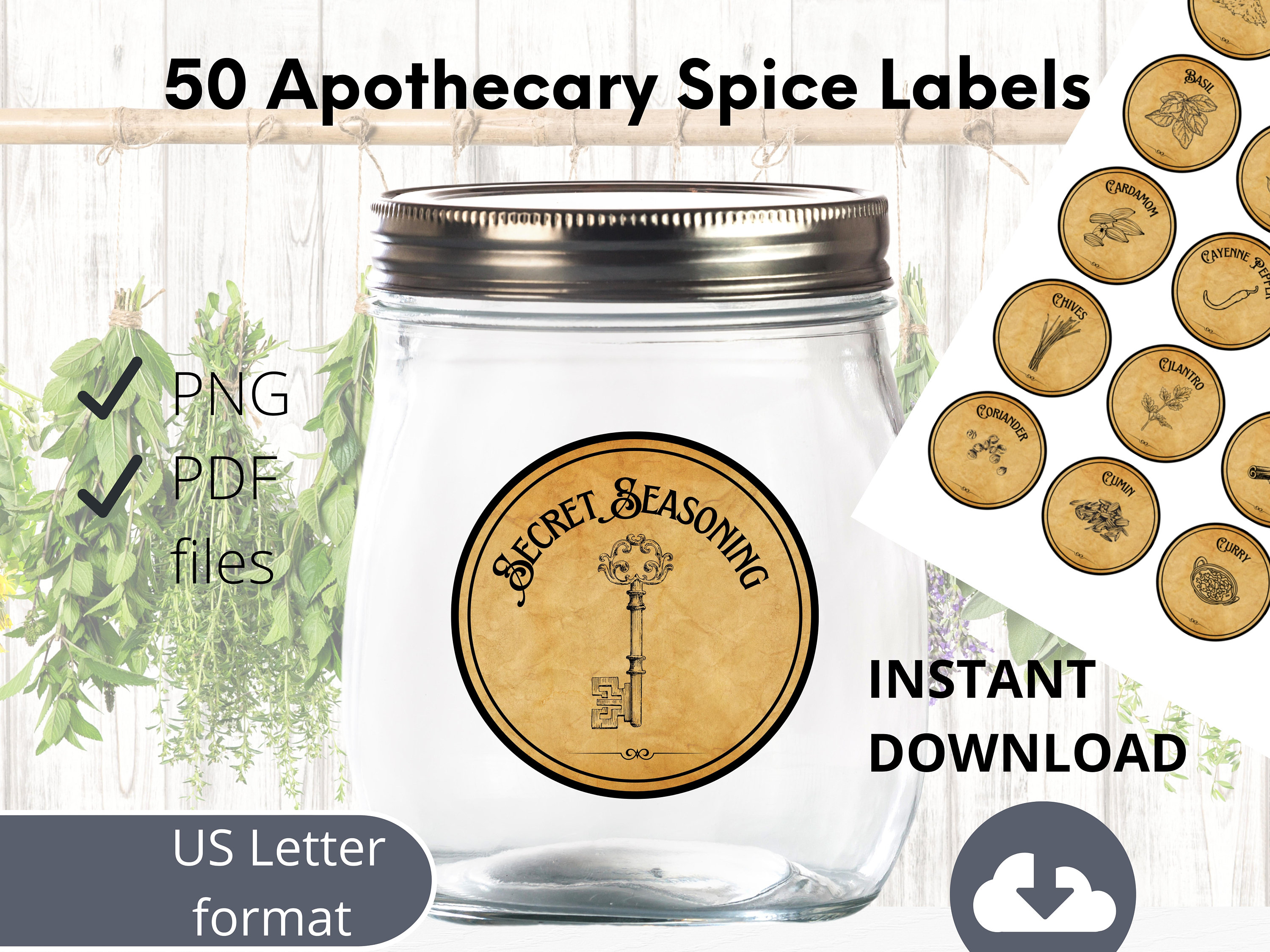 50 Apothecary Spice Jar Labels / Round Vintage Spice Jar Labels / Circle Spice  Labels / Printable Antique Spice Labels / Pdf US Letter 