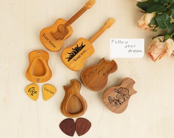 Personalized Guitar Picks - Custom Wooden Guitar Pick Case Box with Engraving - Anniversary Gift for Dad, Guitar Gift for Him