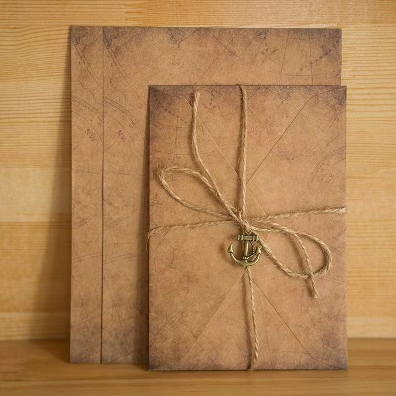 A5 Kraft Envelope Vintage Handwritten Blank Letter Set, Brown Vintage Kraft Paper Envelopes Rustic Charm with Hemp Rope & Pendant image 5