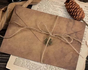 A5 Kraft Envelope + Vintage Handwritten Blank Letter Set, Brown Vintage Kraft Paper Envelopes | Rustic Charm with Hemp Rope & Pendant