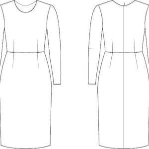以下が含まれることがあります： 長袖ドレスの線画。ドレスは丸いネックライン、フィットしたウエスト、膝丈のスカートが特徴です。画像はドレスの前面と背面の両方のビューを示しています。