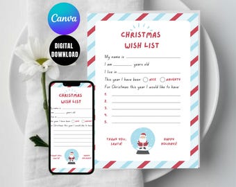May include: Printable Christmas wish list template with a red and white striped border. The template includes space for the child's name, age, and a section for them to write their Christmas wishes. The template also includes a Santa Claus illustration and the text "Thank you, Santa!" and "Happy Holidays!"