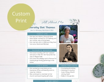 Full Service (Design and Print): 'All About Me' poster for Dementia, Alzheimer's, Care Community, Nursing Home, Memory Care, Gift