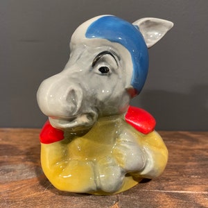 Vintage Jim Beam Kentucky Straight Bourbon Whiskey Democrat Donkey Bottle Topper, 1972 Collectible Ceramic Football Donkey Topper, Retro Bar