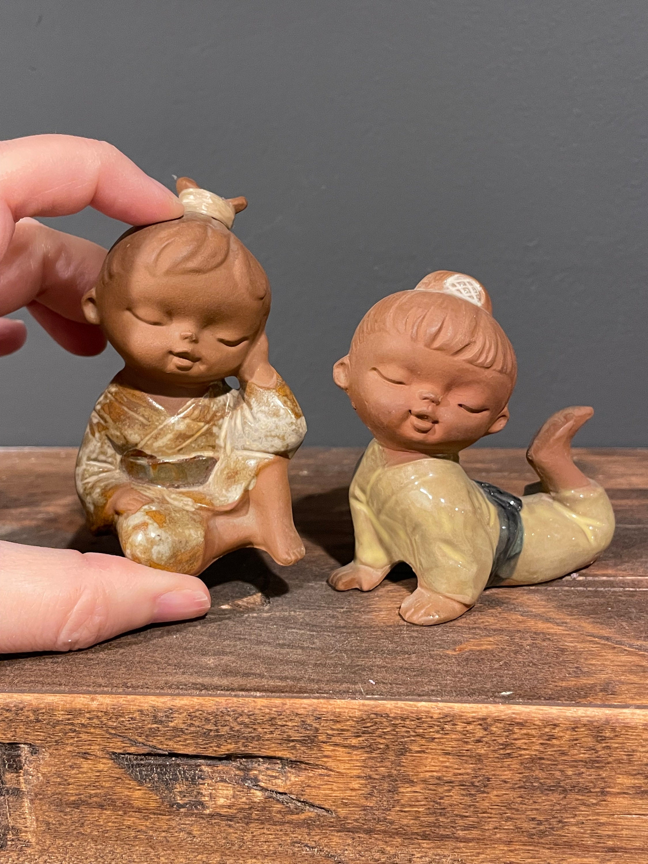 Vintage Seto Craft Clay Figures: Japanese Terracotta Girls, Made